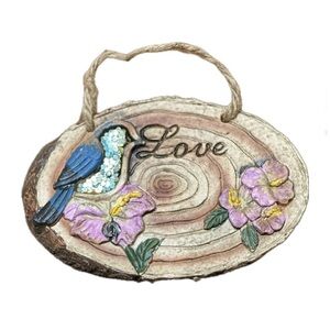 “Love” Bird & Flowers On A (Tree-Cut Rings Like Background) Hanging Plaque